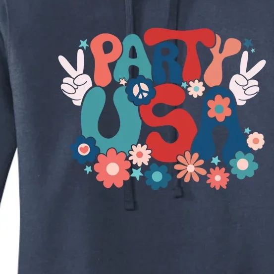 4th Of July Party Usa Flower Groovy Retro Gift Women's Pullover Hoodie