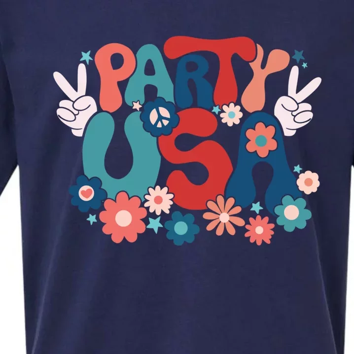 4th Of July Party Usa Flower Groovy Retro Gift Sueded Cloud Jersey T-Shirt