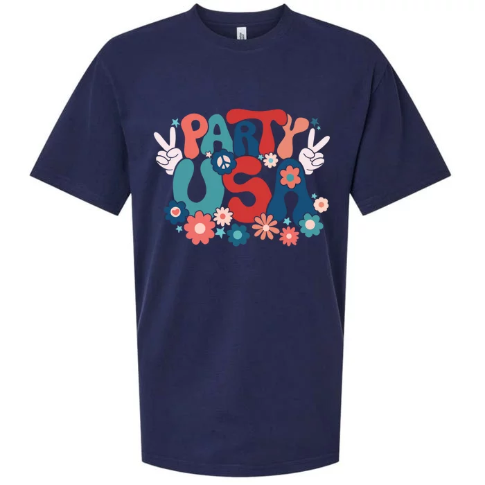 4th Of July Party Usa Flower Groovy Retro Gift Sueded Cloud Jersey T-Shirt