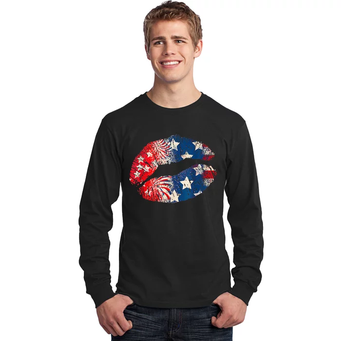 4th of July Red White & Blue Star Stripes Lips American Flag Long Sleeve Shirt