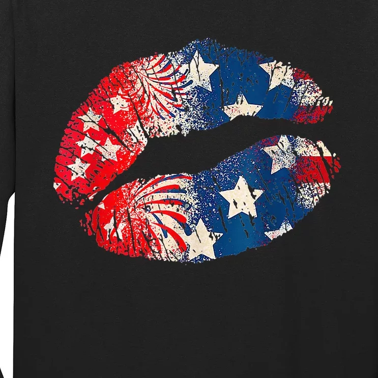 4th of July Red White & Blue Star Stripes Lips American Flag Long Sleeve Shirt