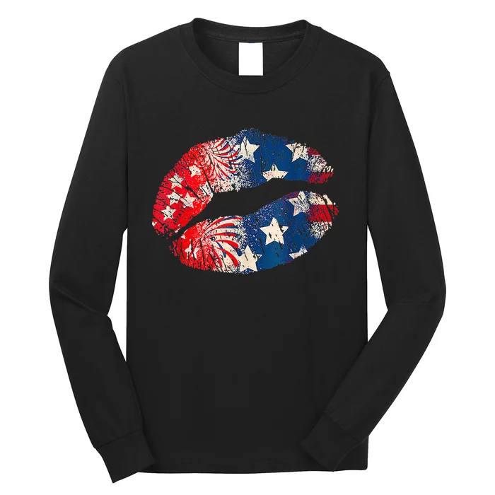 4th of July Red White & Blue Star Stripes Lips American Flag Long Sleeve Shirt