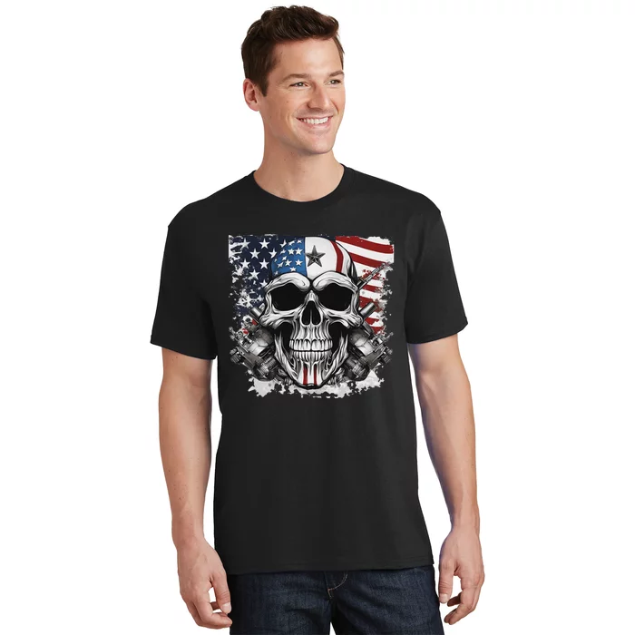 4th Of July For Women Rocker American Flag Skull T-Shirt