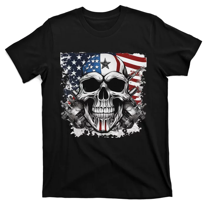 4th Of July For Women Rocker American Flag Skull T-Shirt