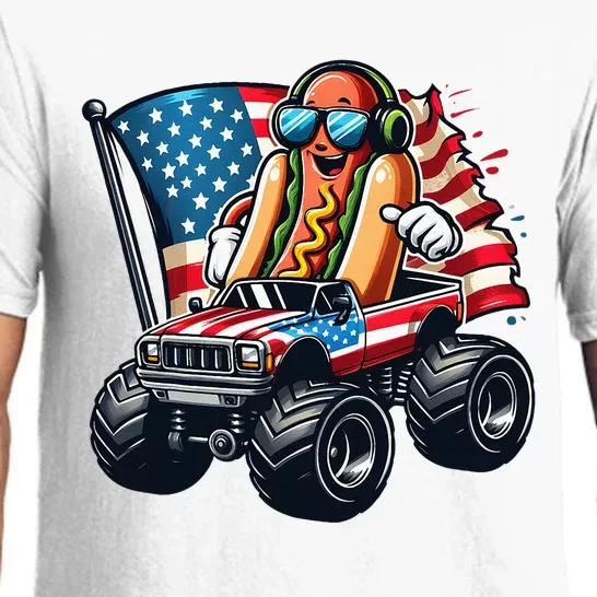 4th Of July Hot Dog Sunglasses Patriotic Monster Truck Boy Pajama Set