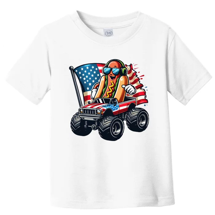 4th Of July Hot Dog Sunglasses Patriotic Monster Truck Boy Toddler T-Shirt