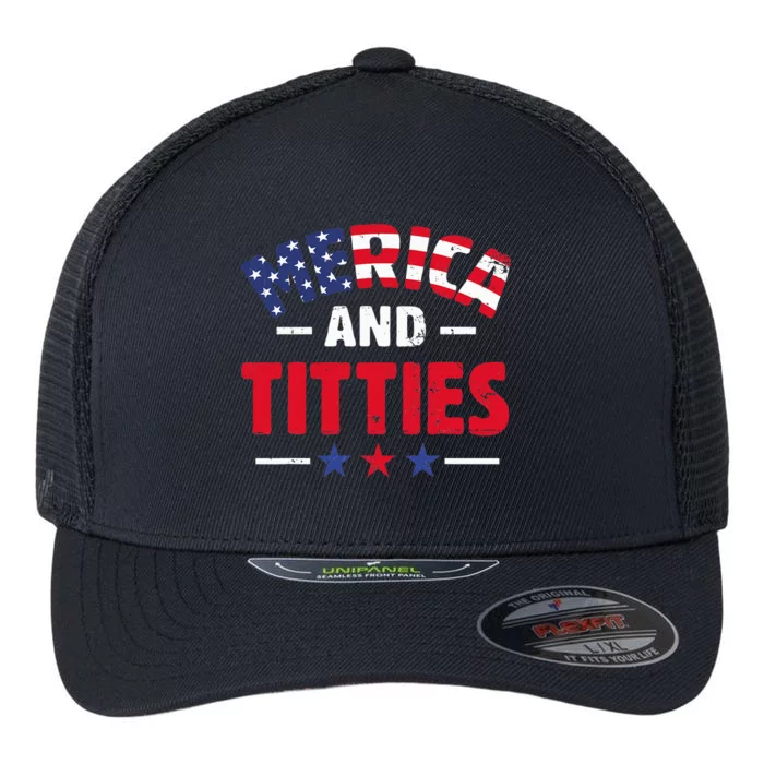 4th of July Merica and Titties Funny Flexfit Unipanel Trucker Cap