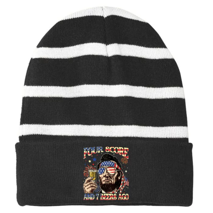 4th Of July Drinking Beer Patriot Four Score And 7 Beers Ago Striped Beanie with Solid Band