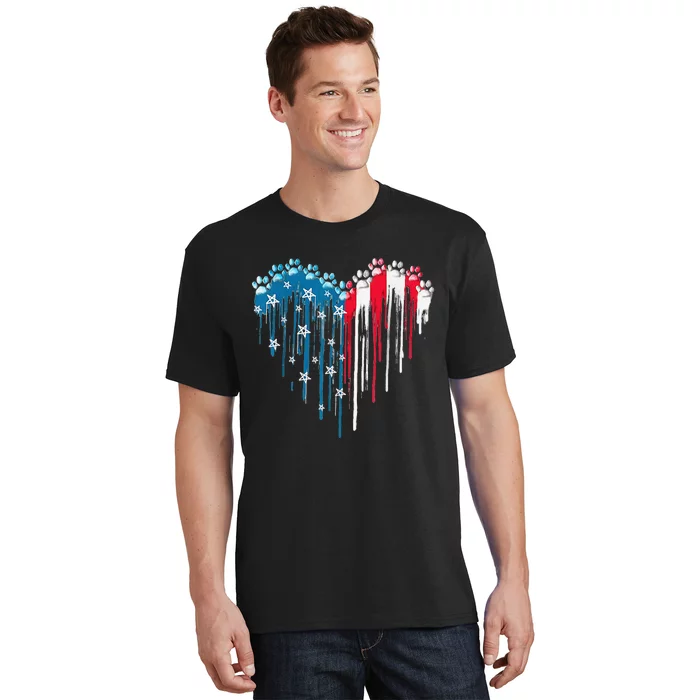 4th Of July Dog Paw Heart American Flag T-Shirt