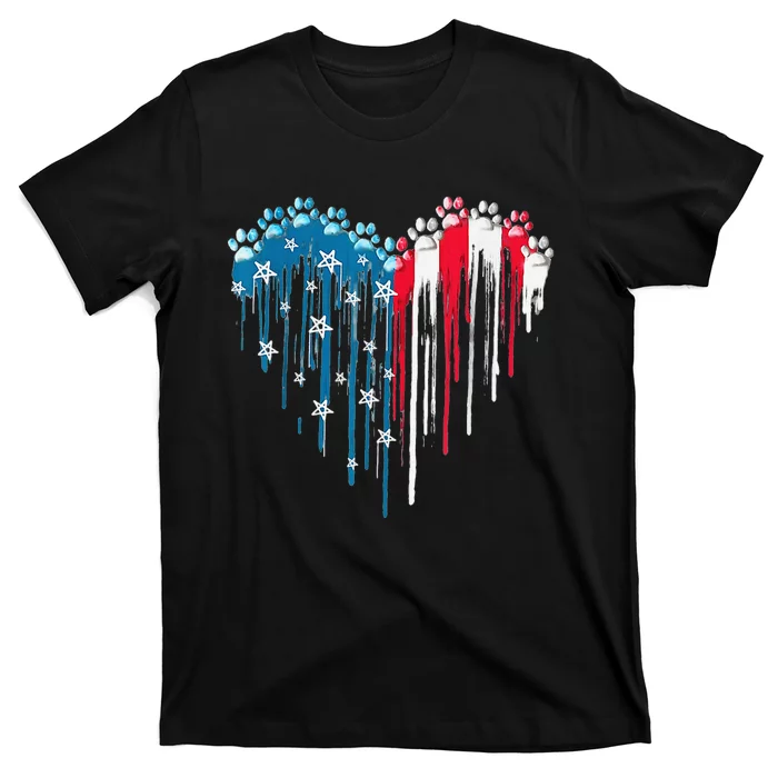 4th Of July Dog Paw Heart American Flag T-Shirt