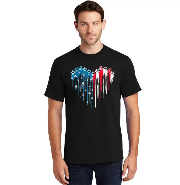 4th Of July Dog Paw Heart American Flag Tall T-Shirt