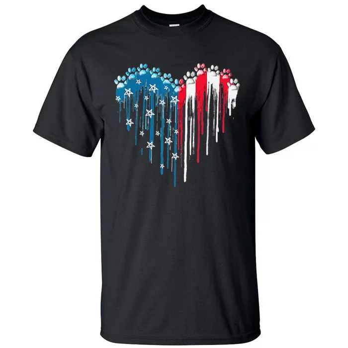 4th Of July Dog Paw Heart American Flag Tall T-Shirt