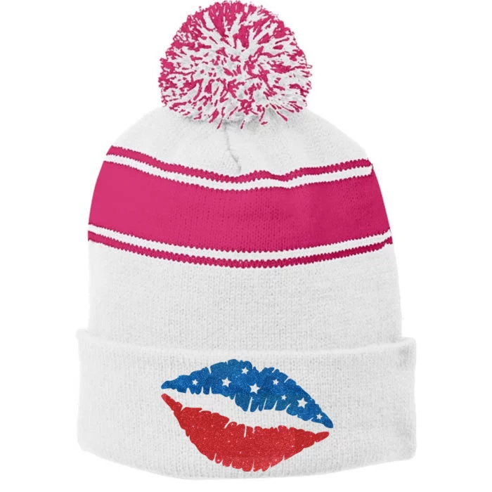 4th Of July Lips Celebration Stripe Pom Pom Beanie