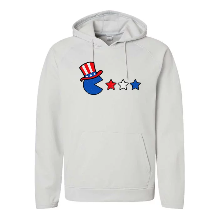 4th Of July Eating Usa Flag Stars Retro Gamer Performance Fleece Hoodie