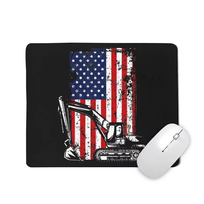 4th of July American Flag Construction Backhoe Excavator Mousepad