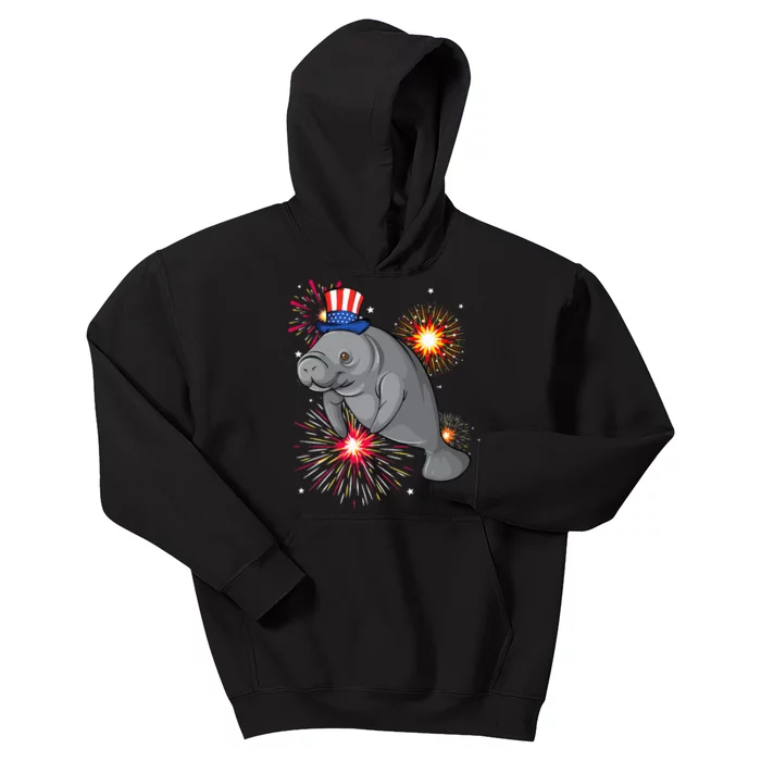 4th of July Manatee Marine Biologist Patriotic Fireworks Kids Hoodie