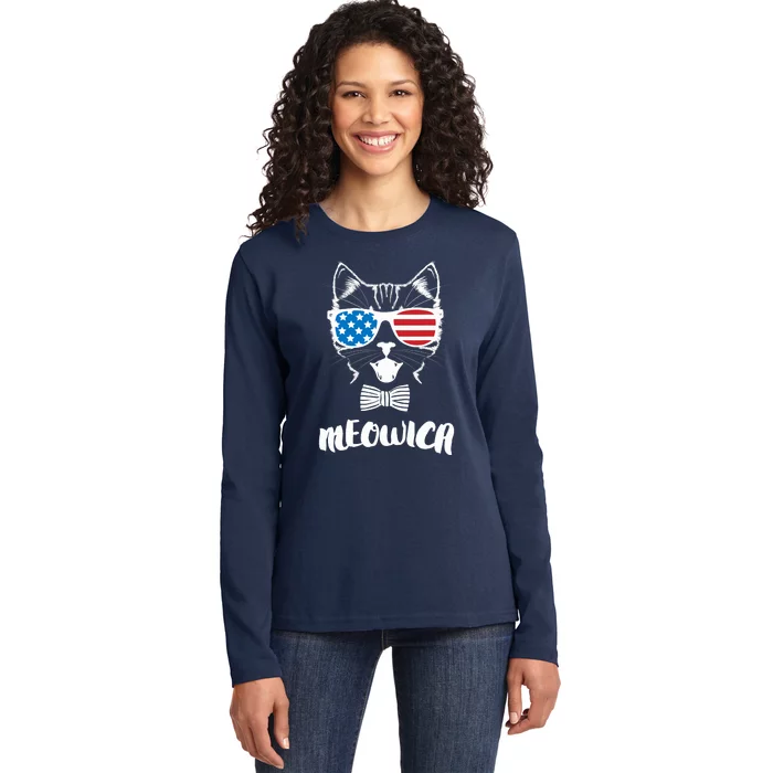 4th of July Meowica Kitty Cat Ladies Long Sleeve Shirt