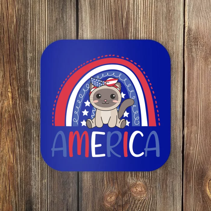 4th Of July American Cat Cute Usa Rainbow Siam Cat Gift Coaster