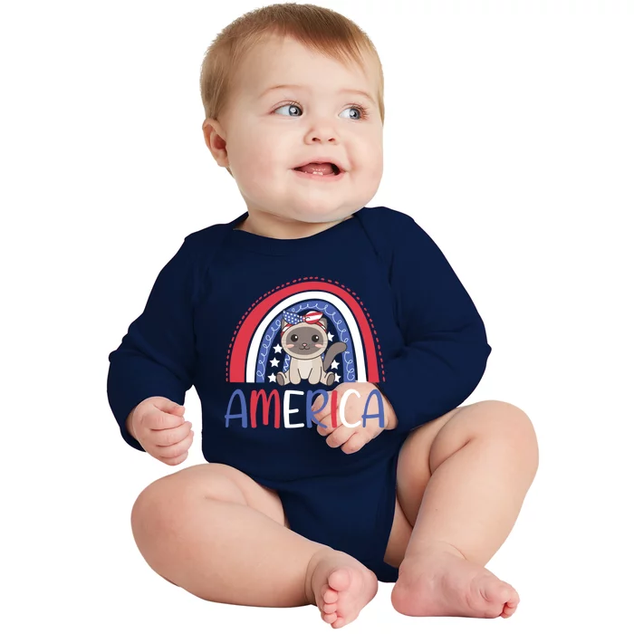 4th Of July American Cat Cute Usa Rainbow Siam Cat Gift Baby Long Sleeve Bodysuit