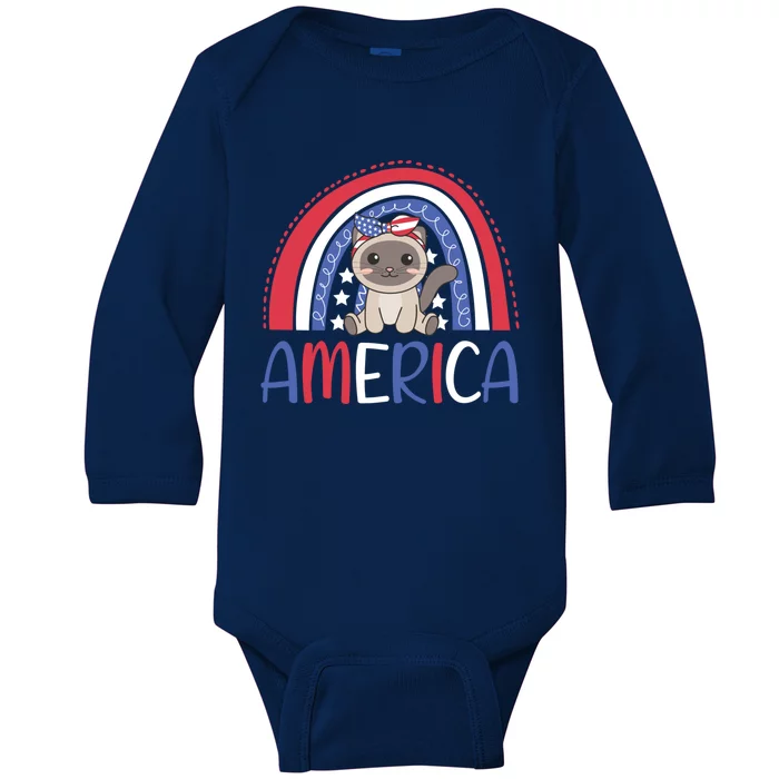 4th Of July American Cat Cute Usa Rainbow Siam Cat Gift Baby Long Sleeve Bodysuit