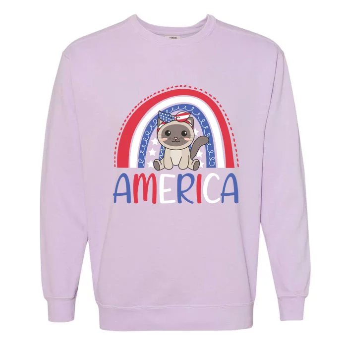 4th Of July American Cat Cute Usa Rainbow Siam Cat Gift Garment-Dyed Sweatshirt