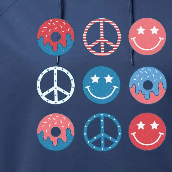 4th Of July USA Summer Peace Sign Happy Face Donut Retro Gift Performance Fleece Hoodie