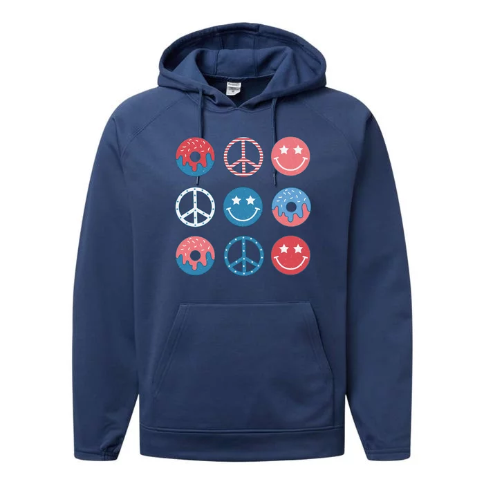 4th Of July USA Summer Peace Sign Happy Face Donut Retro Gift Performance Fleece Hoodie