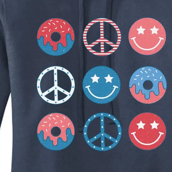 4th Of July USA Summer Peace Sign Happy Face Donut Retro Gift Women's Pullover Hoodie