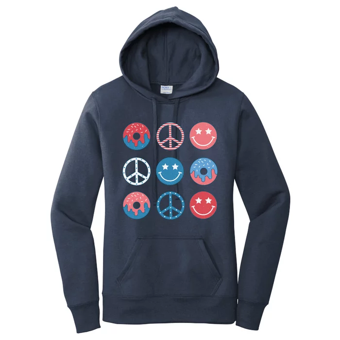 4th Of July USA Summer Peace Sign Happy Face Donut Retro Gift Women's Pullover Hoodie