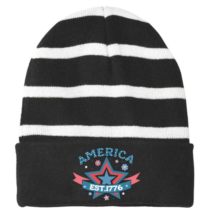 4th Of July Retro America Est. 1776 Gift Striped Beanie with Solid Band