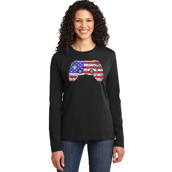 4Th Of July Video Games Gamer Usa Flag Vintage Ladies Long Sleeve Shirt