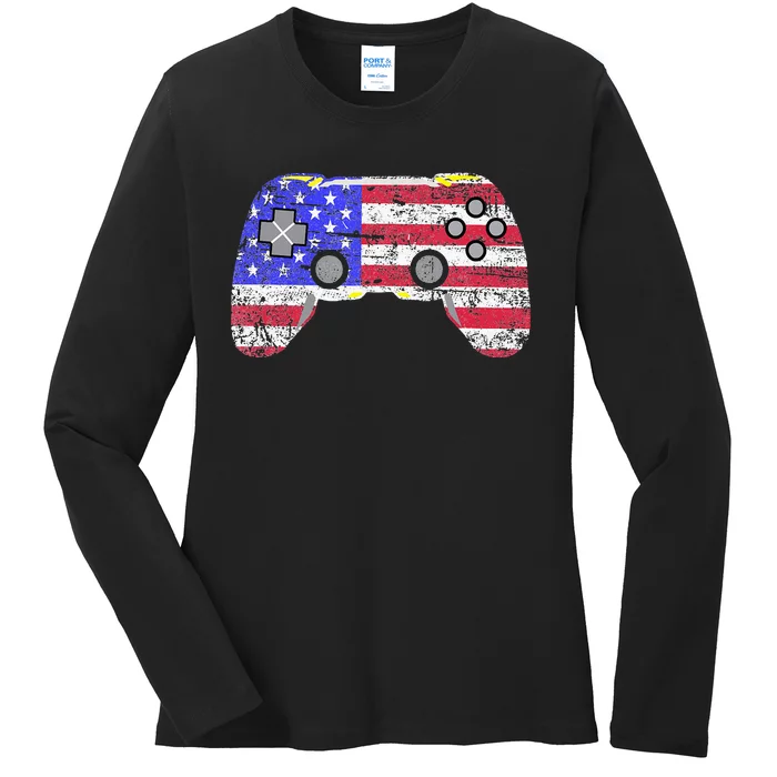 4Th Of July Video Games Gamer Usa Flag Vintage Ladies Long Sleeve Shirt