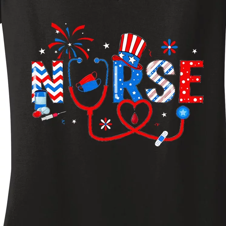 4th Of July Nursing For Women Stethoscope Nurse Graduation Women's V-Neck T-Shirt