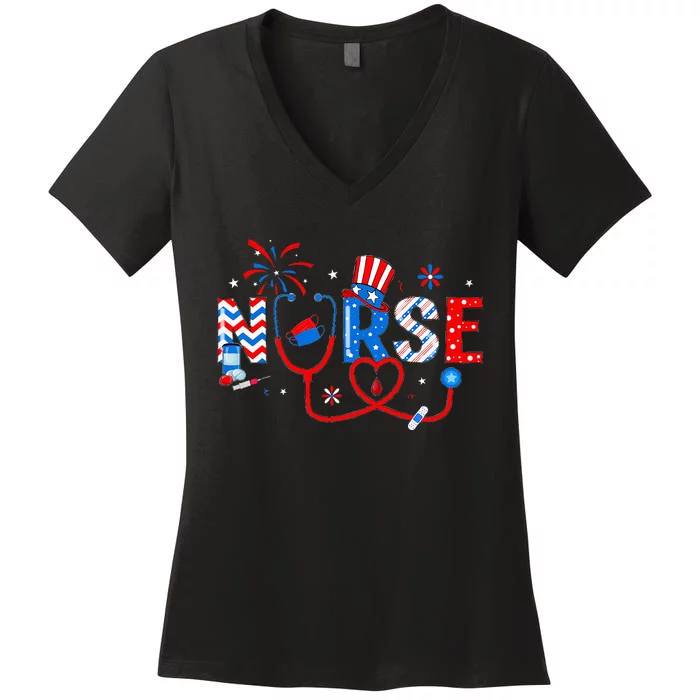 4th Of July Nursing For Women Stethoscope Nurse Graduation Women's V-Neck T-Shirt