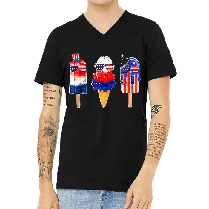 4th Of July Popsicle Red White Blue American Flag V-Neck T-Shirt