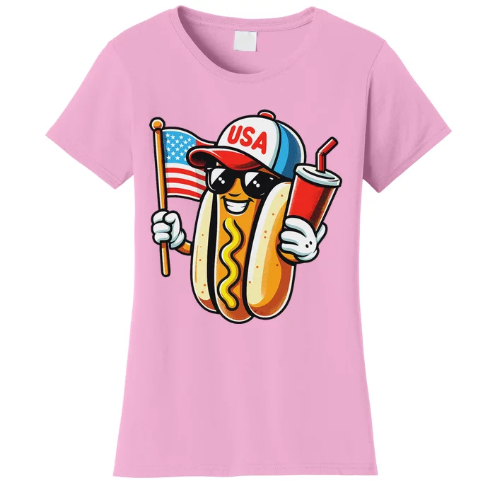 4th Of July Hotdog Sunglasses American Flag Usa Patriotic Women's T-Shirt