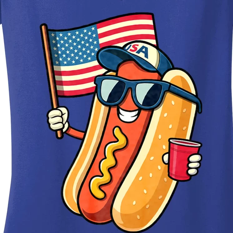 4th Of July Hotdog Funny Fourth Of July Patriotic Usa Flag Great Gift Women's V-Neck T-Shirt