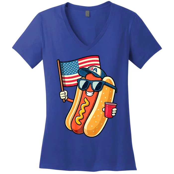 4th Of July Hotdog Funny Fourth Of July Patriotic Usa Flag Great Gift Women's V-Neck T-Shirt