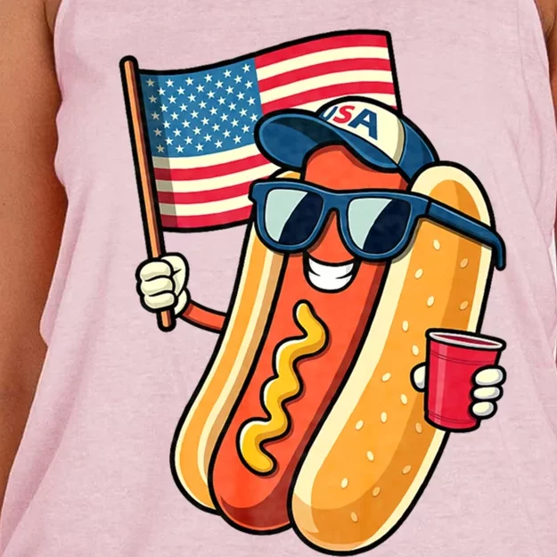 4th Of July Hotdog Funny Fourth Of July Patriotic Usa Flag Great Gift Women's Knotted Racerback Tank