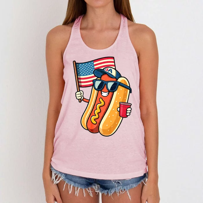 4th Of July Hotdog Funny Fourth Of July Patriotic Usa Flag Great Gift Women's Knotted Racerback Tank