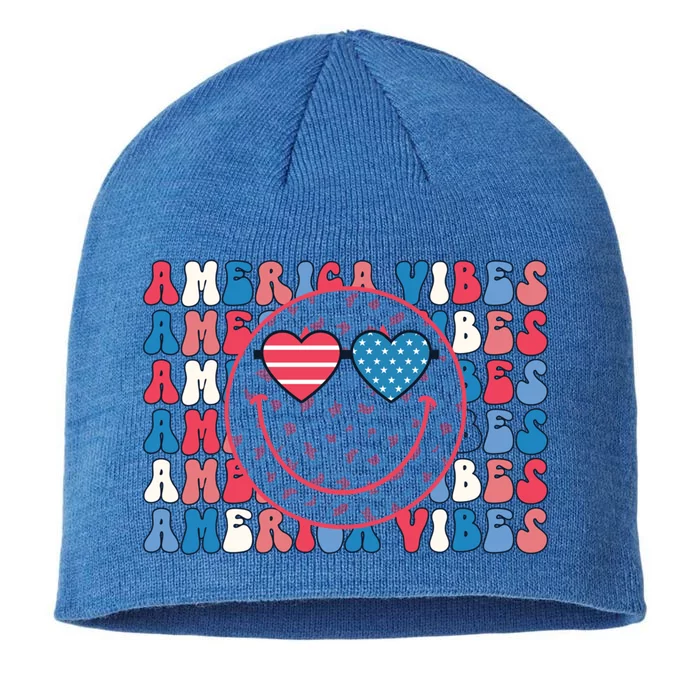 4th Of July All America Vibes Happy Face Funny Gift 8 1/2in Sustainable Knit Beanie