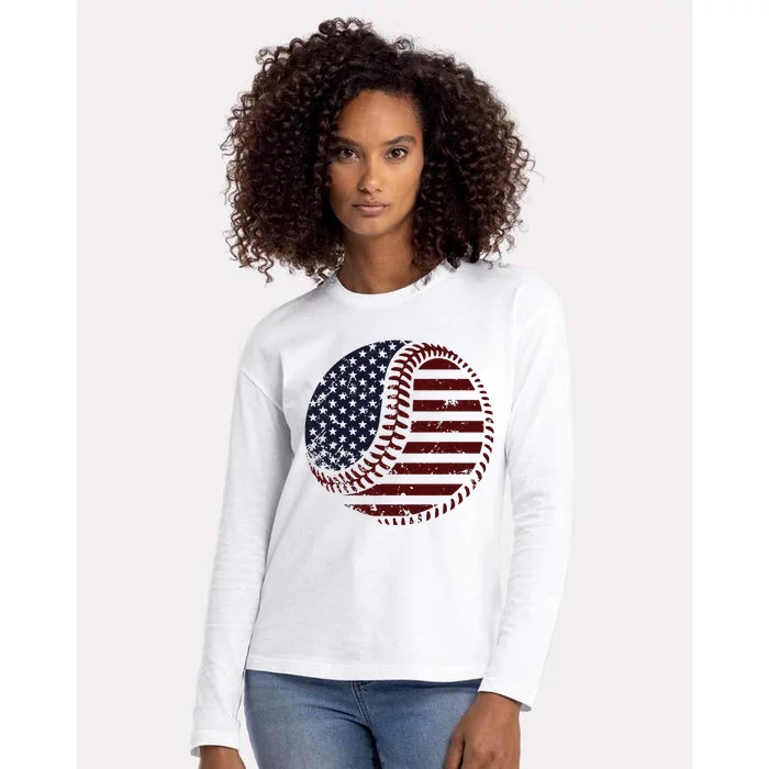 4th of July Patriotic American Flag Print Baseball Womens Cotton Relaxed Long Sleeve T-Shirt