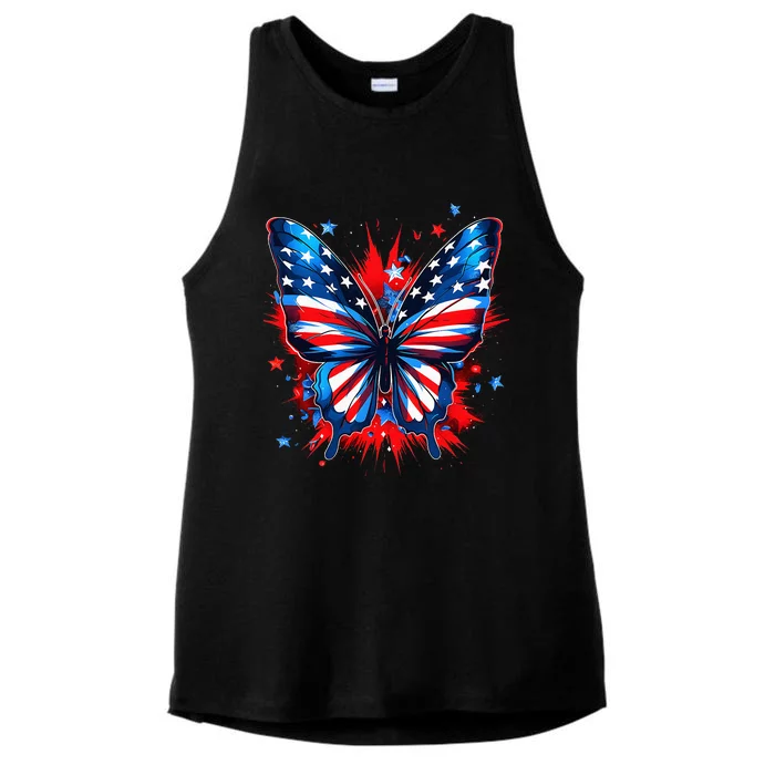 4th Of July Butterfly USA Flag Cute American Ladies Tri-Blend Wicking Tank