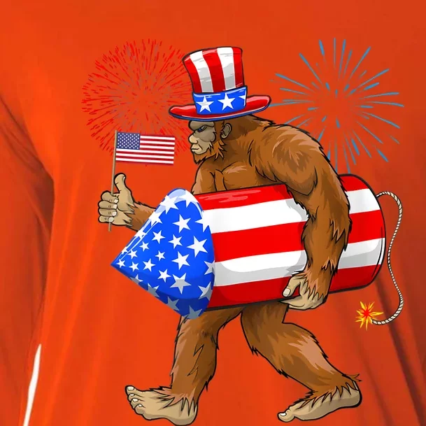 4th Of July Bigfoot American Flag Fireworks Sasquatch Cooling Performance Long Sleeve Crew