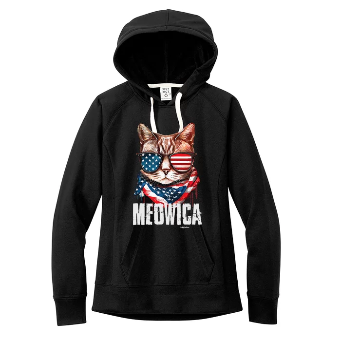 4th Of July Meowica American Flag Cat Women's Fleece Hoodie