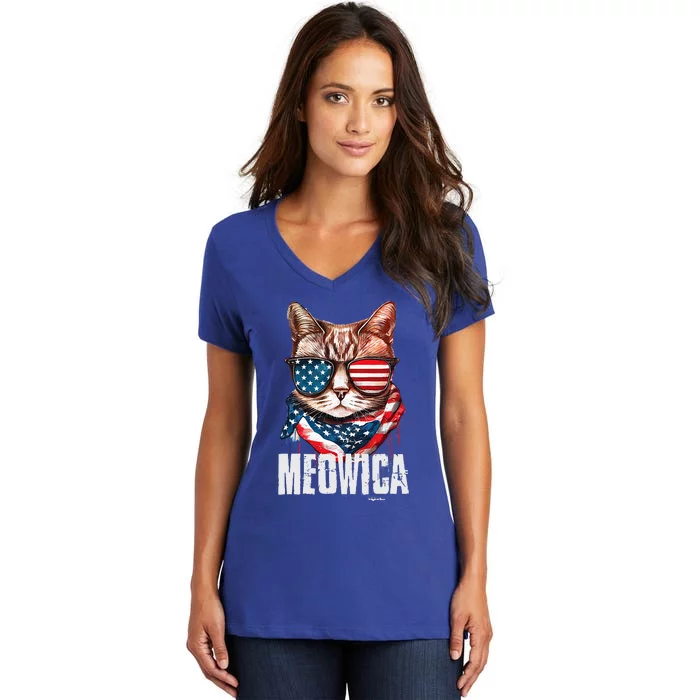 4th Of July Meowica American Flag Cat Women's V-Neck T-Shirt