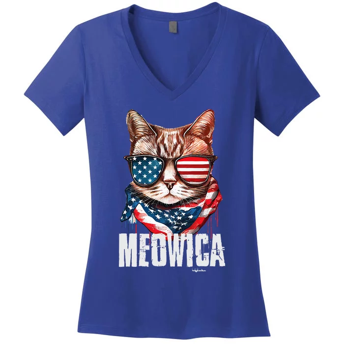 4th Of July Meowica American Flag Cat Women's V-Neck T-Shirt