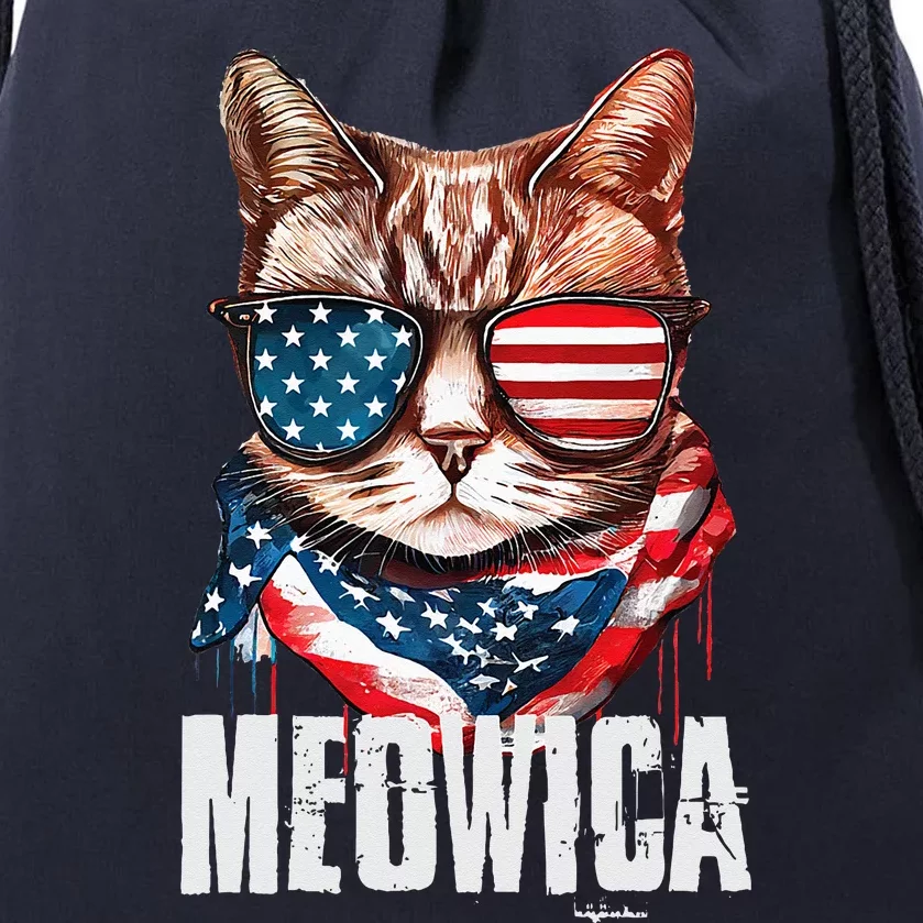 4th Of July Meowica American Flag Cat Drawstring Bag