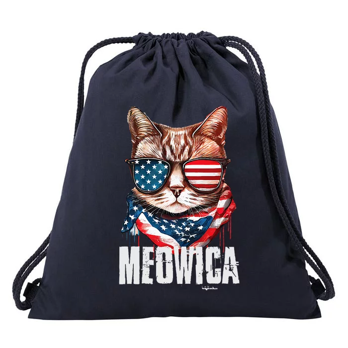 4th Of July Meowica American Flag Cat Drawstring Bag