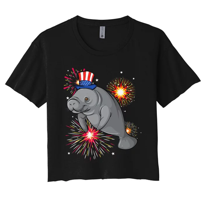 4th of July Manatee Marine Biologist Patriotic Fireworks Women's Crop Top Tee